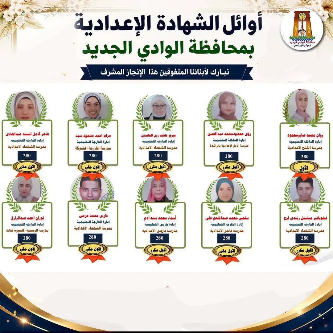 أوائل الشهادة الإعدادية بالوادى الجديد (2) أوائل الشهادة الإعدادية بالوادى الجديد (2)