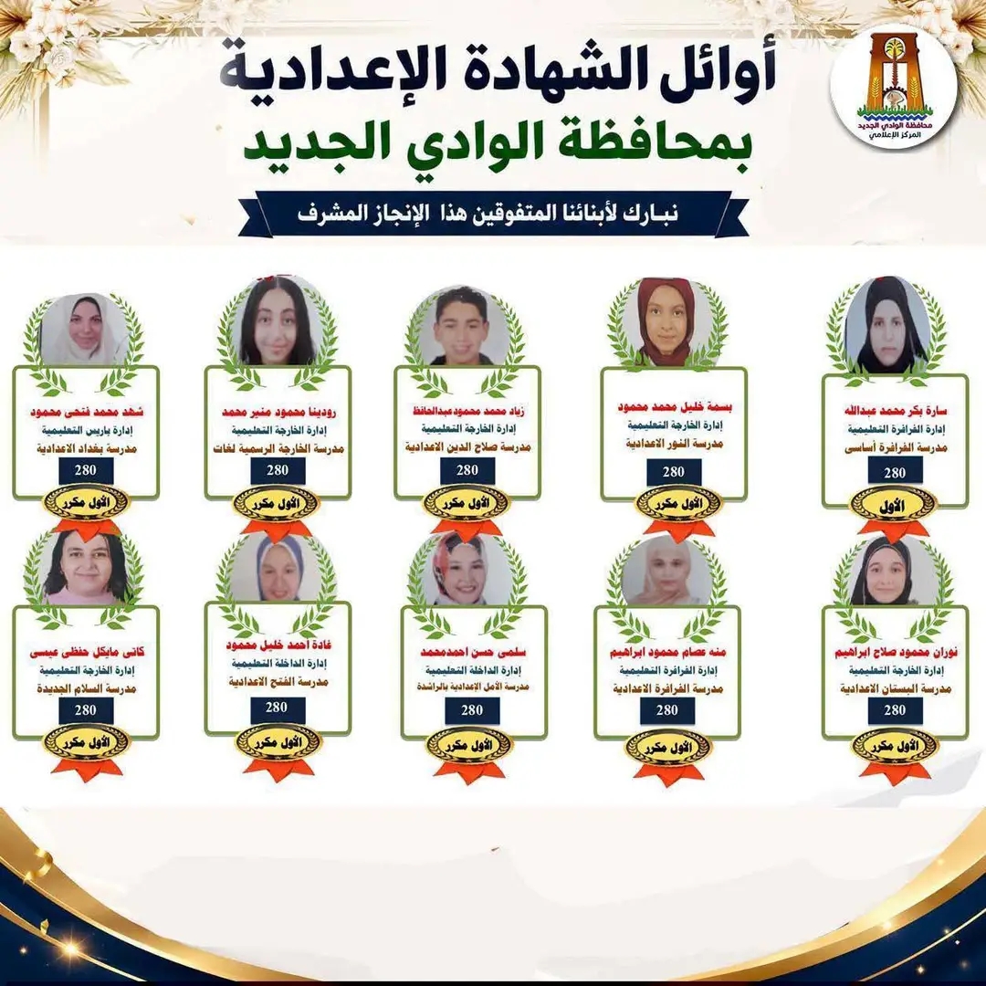 أوائل الشهادة الإعدادية بالوادى الجديد (1) أوائل الشهادة الإعدادية بالوادى الجديد (1)