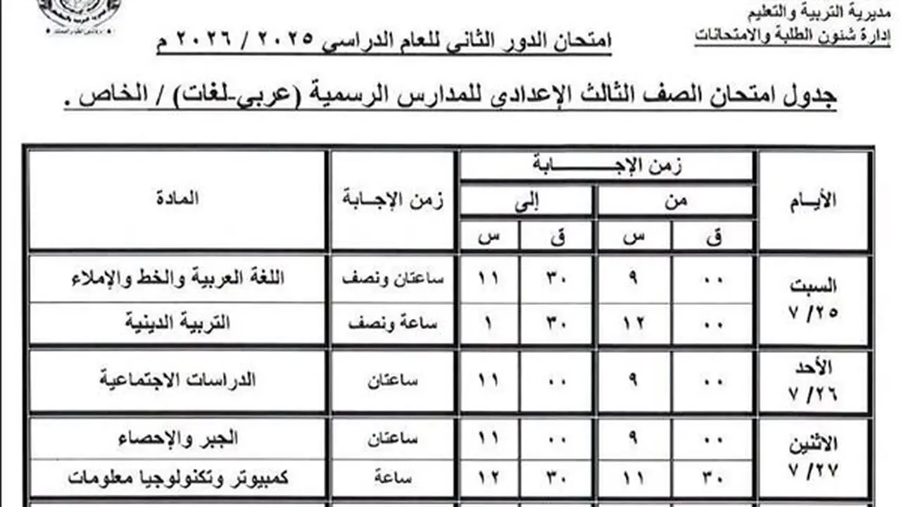 انطلاق امتحانات الدور الثاني للإعدادية بالإسماعيلية في 25 يوليو
