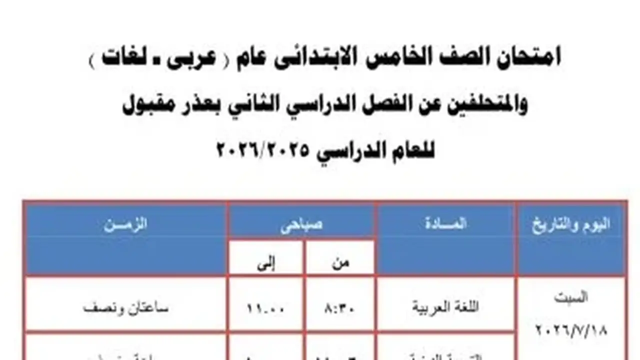 جدول امتحانات الدور الثاني للصف الخامس الابتدائي 2026 في الجيزة