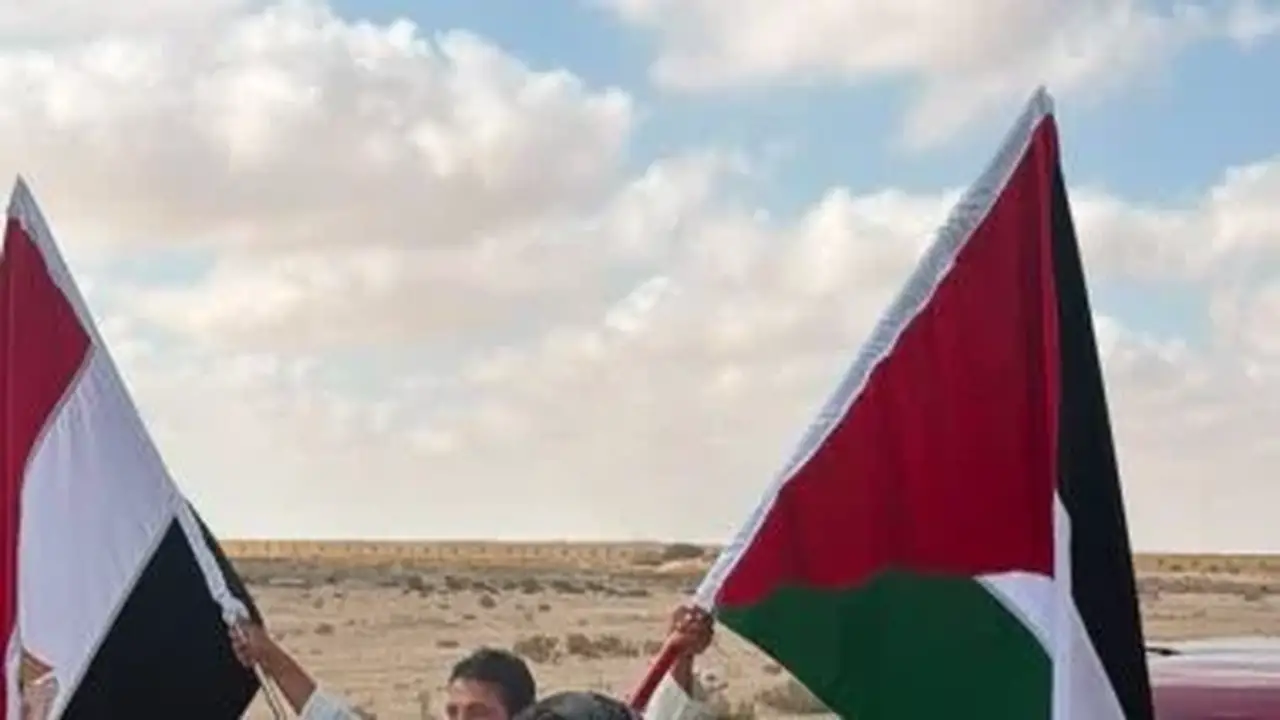 رفع علم فلسطين خلال استقبال بعثة منتخب مصر في العلمين